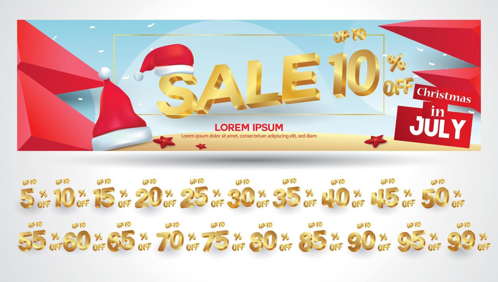 Christmas in july sale tags set vector badges template, 10 off, 20 percent, 30, 40, 50, 60, 70, 45, 35, 15, percent sale label symbols, discount promotion 3 dimension geometric , Promo tag discount
