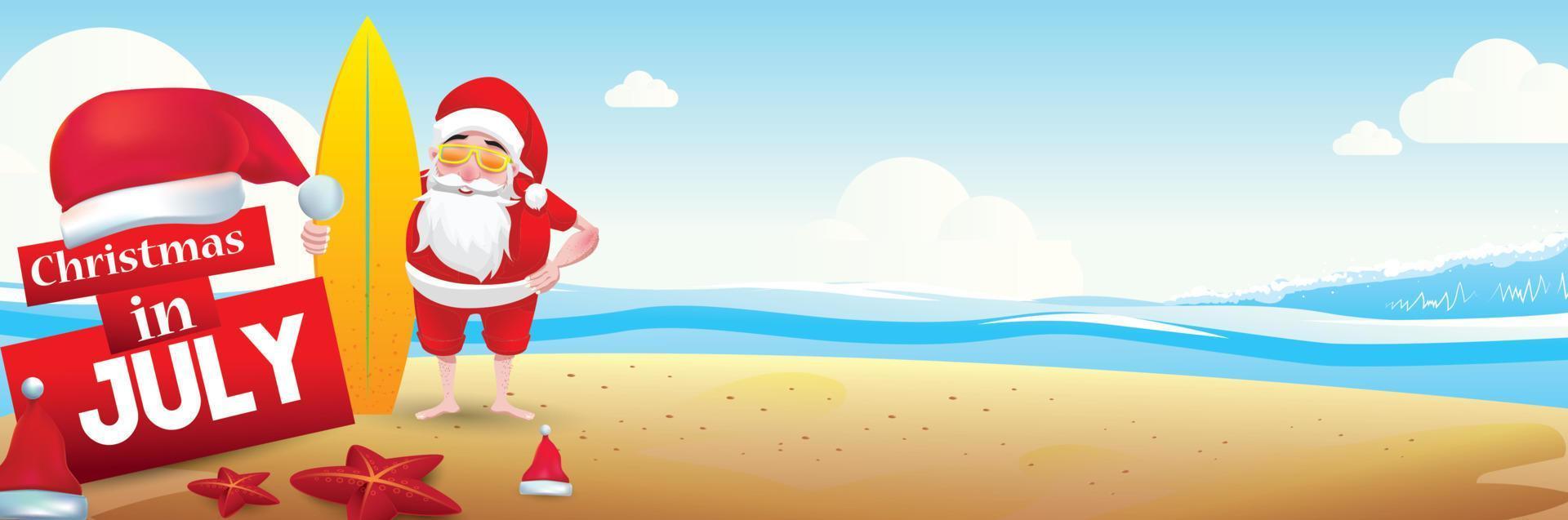 Christmas in June, July, August, for poster, marketing, advertising, summer sale, greeting card. santa in summer with copy space for text vector