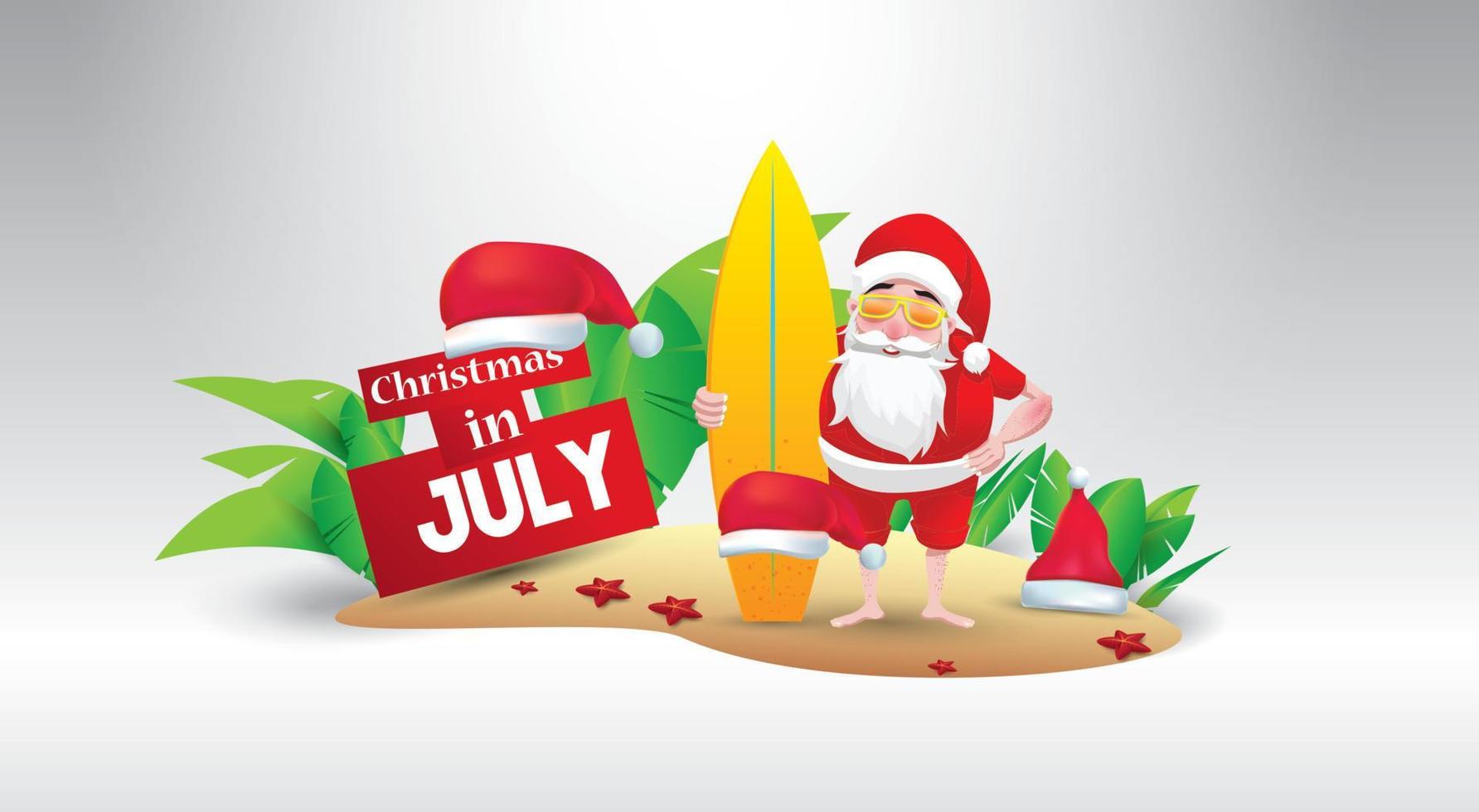 navidad en junio, julio, agosto, para carteles, marketing, publicidad, venta de verano, tarjeta de felicitación. santa en verano con espacio para copiar texto vector