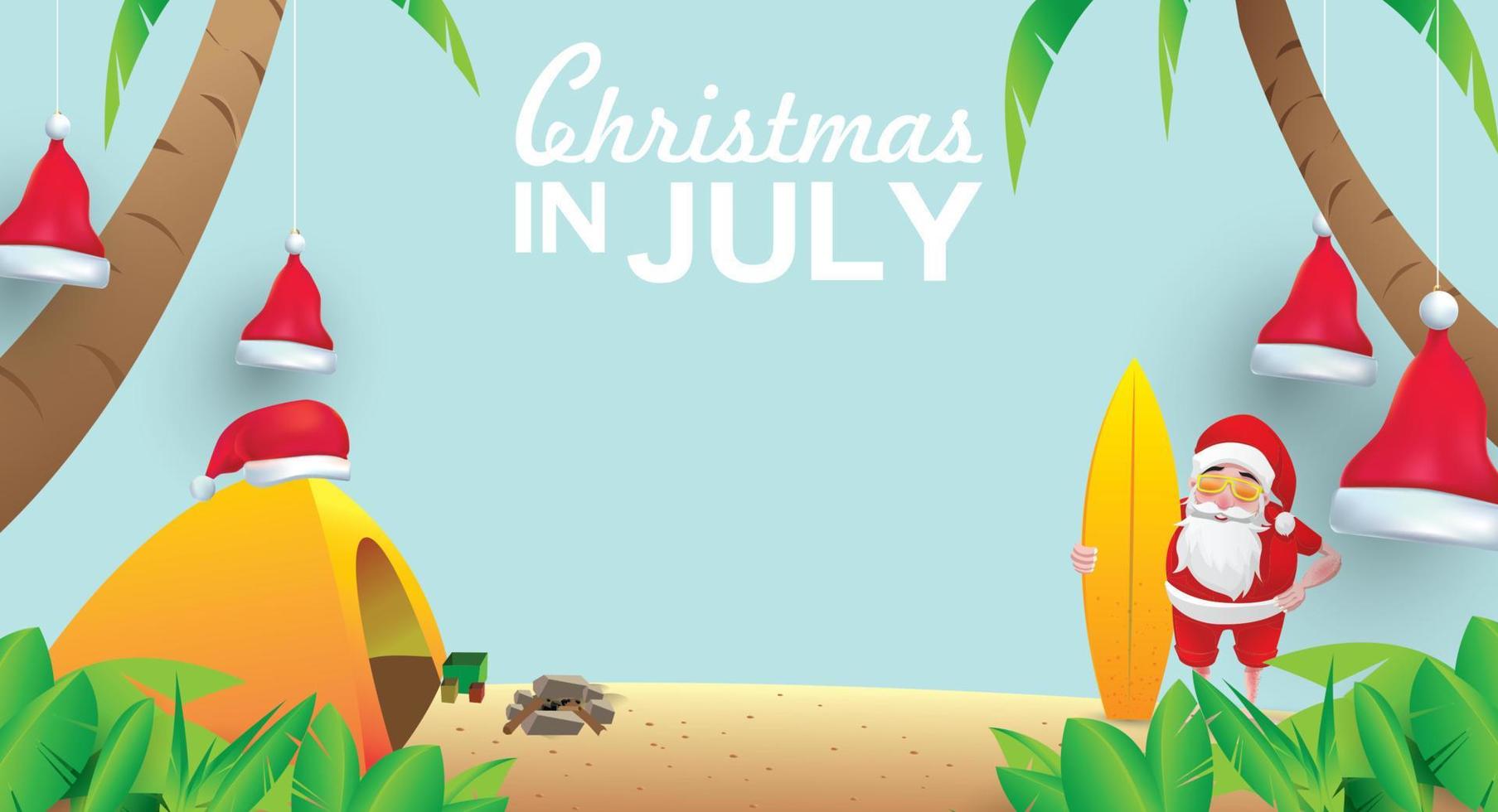 navidad en junio, julio, agosto, para carteles, marketing, publicidad, venta de verano, tarjeta de felicitación. santa en verano con espacio para copiar texto vector