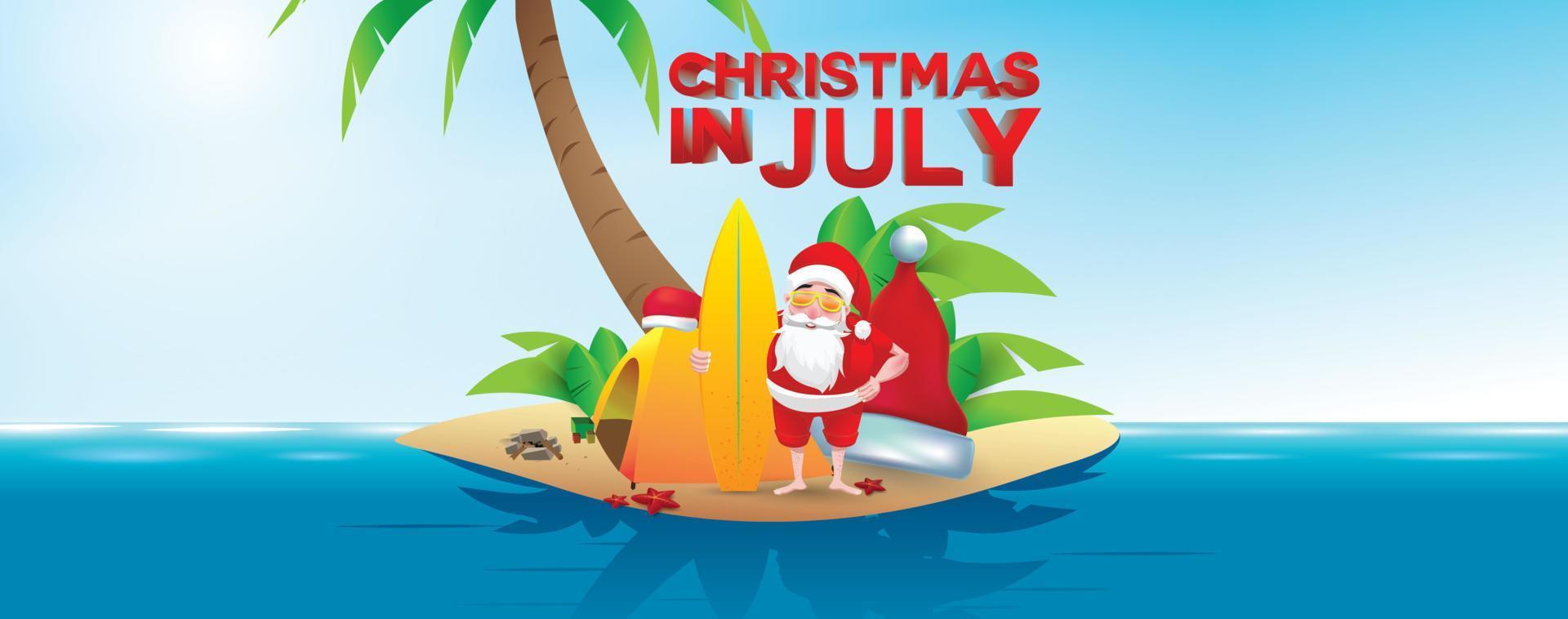 navidad en junio, julio, agosto, para carteles, marketing, publicidad, venta de verano, tarjeta de felicitación. santa en verano con espacio para copiar texto vector