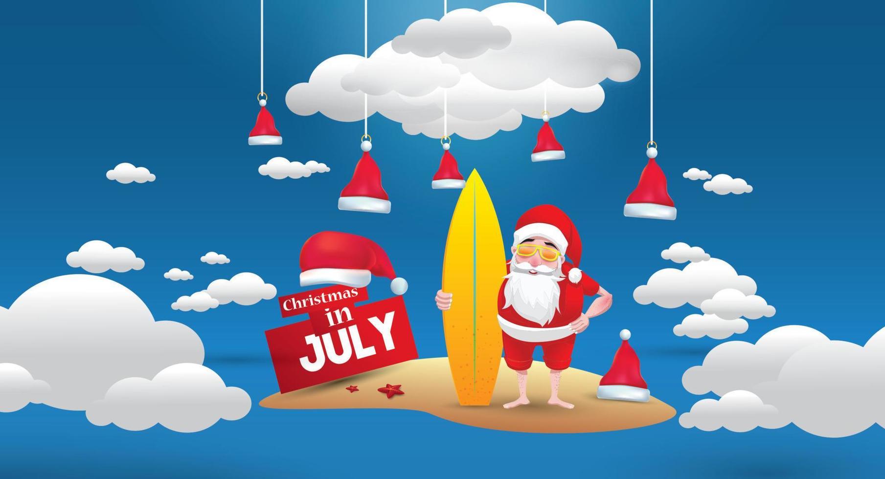 navidad en junio, julio, agosto, para carteles, marketing, publicidad, venta de verano, tarjeta de felicitación. santa en verano con espacio para copiar texto vector