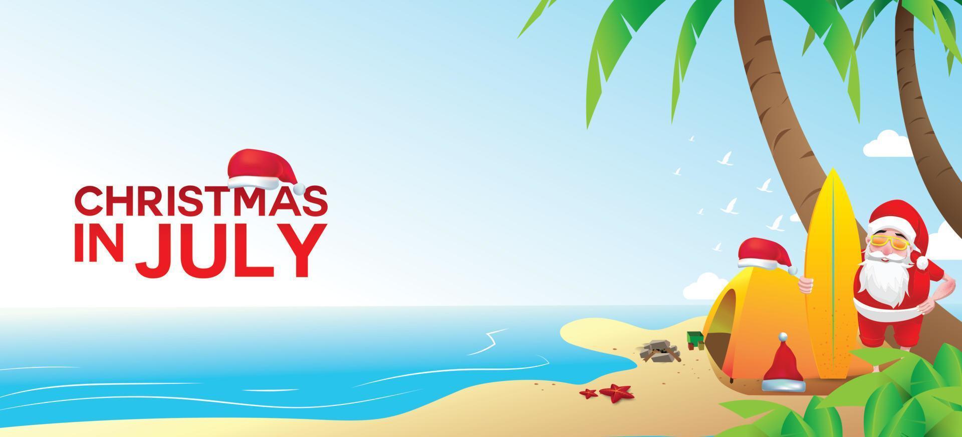 navidad en junio, julio, agosto, para carteles, marketing, publicidad, venta de verano, tarjeta de felicitación. santa en verano con espacio para copiar texto vector