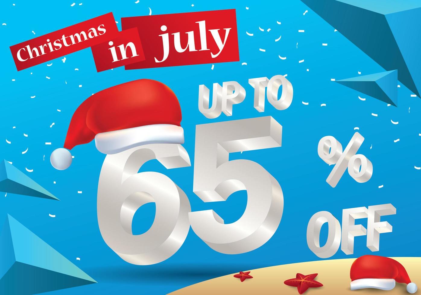 la venta más grande de navidad en julio, póster o plantilla de banner, con sombrero de santa y ofertas de descuento del 65 por ciento en 3d. vector