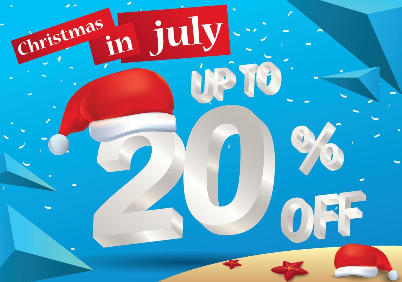 Christmas Biggest Sale in July, poster, or banner template, with santa hat and 3d 20 percent discount offers. vector
