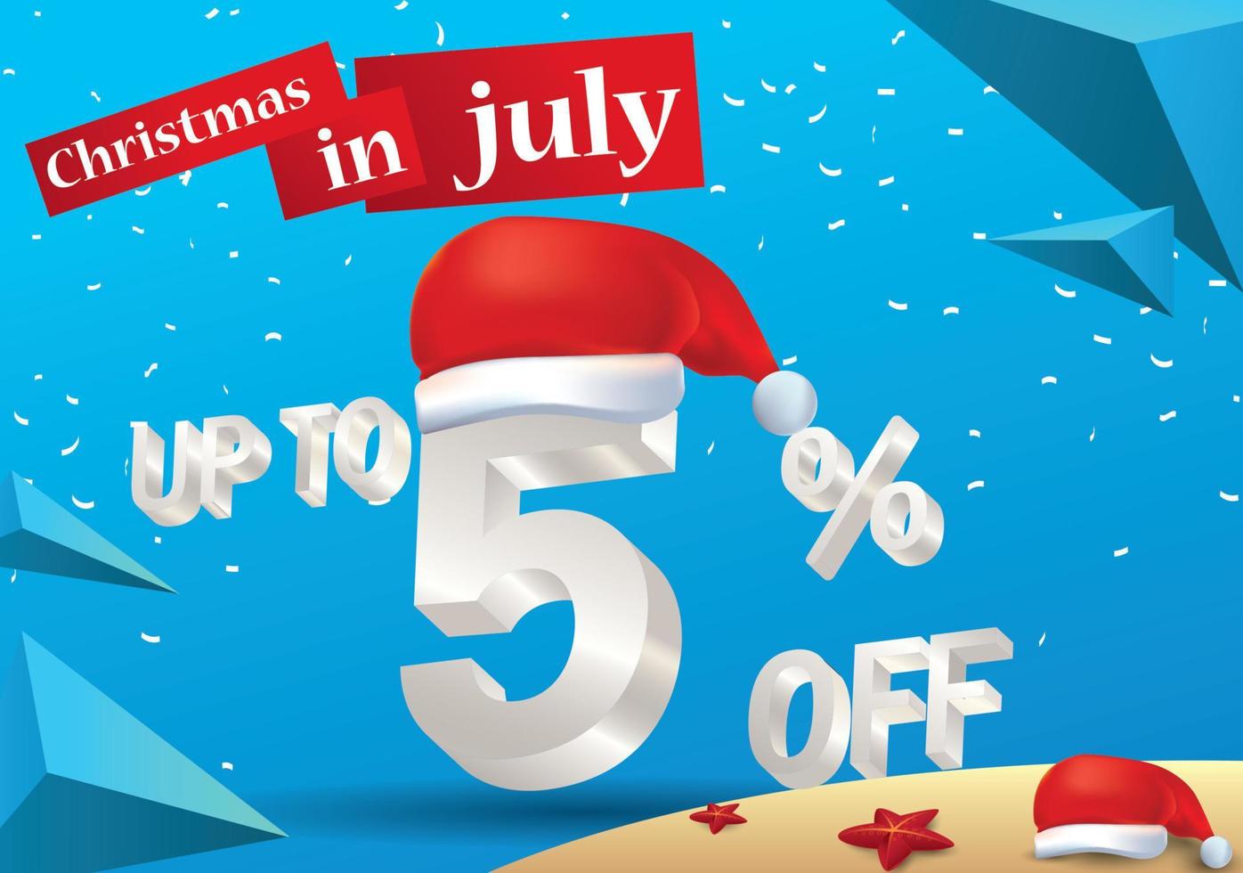 la venta más grande de navidad en julio, póster o plantilla de banner, con sombrero de santa y ofertas de descuento del 5 por ciento en 3d. vector