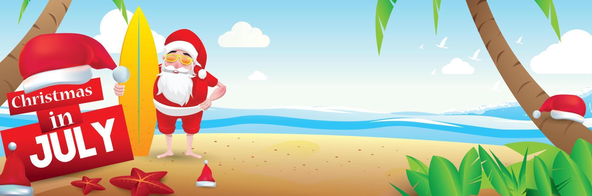 Christmas in June, July, August, for poster, marketing, advertising, summer sale, greeting card. santa in summer with copy space for text vector