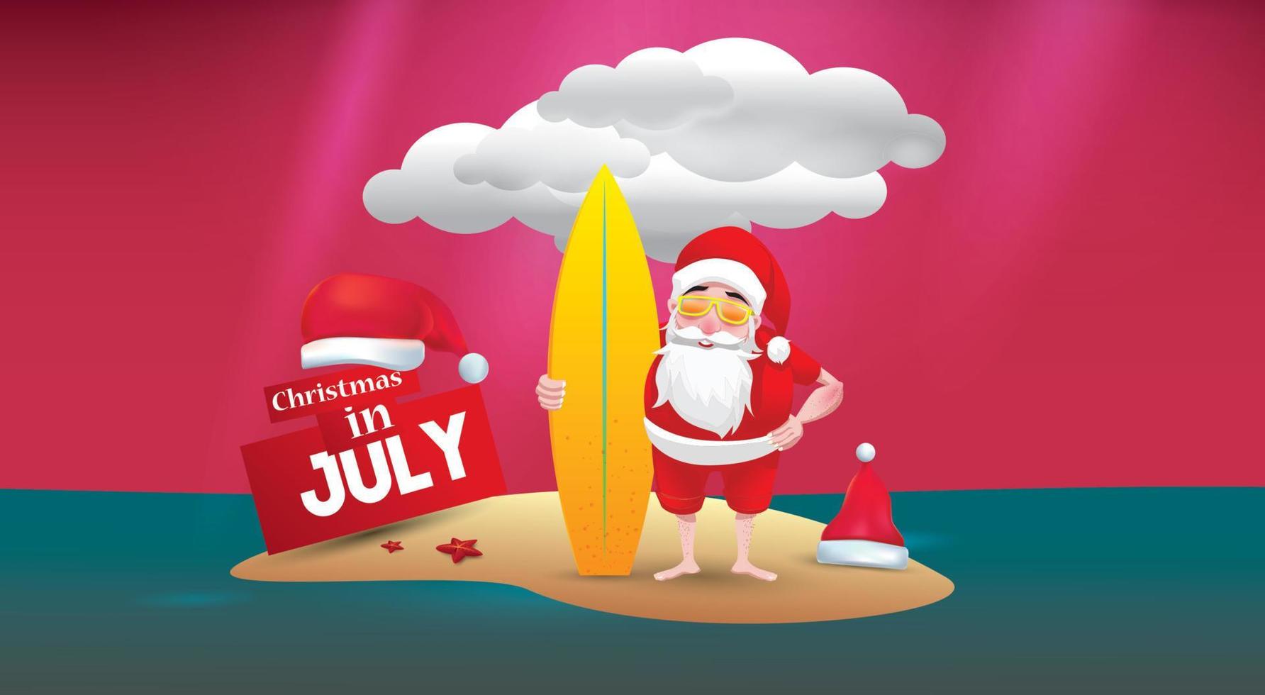 navidad en junio, julio, agosto, para carteles, marketing, publicidad, venta de verano, tarjeta de felicitación. santa en verano con espacio para copiar texto vector