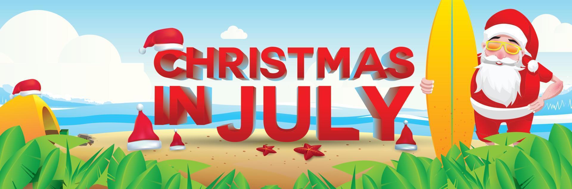 navidad en junio, julio, agosto, para carteles, marketing, publicidad, venta de verano, tarjeta de felicitación. santa en verano con espacio para copiar texto vector