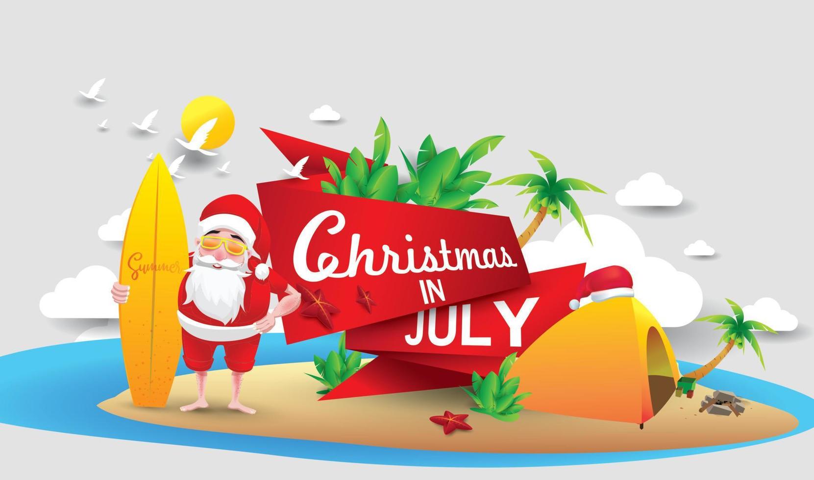 navidad en junio, julio, agosto, para carteles, marketing, publicidad, venta de verano, tarjeta de felicitación. santa en verano con espacio para copiar texto vector