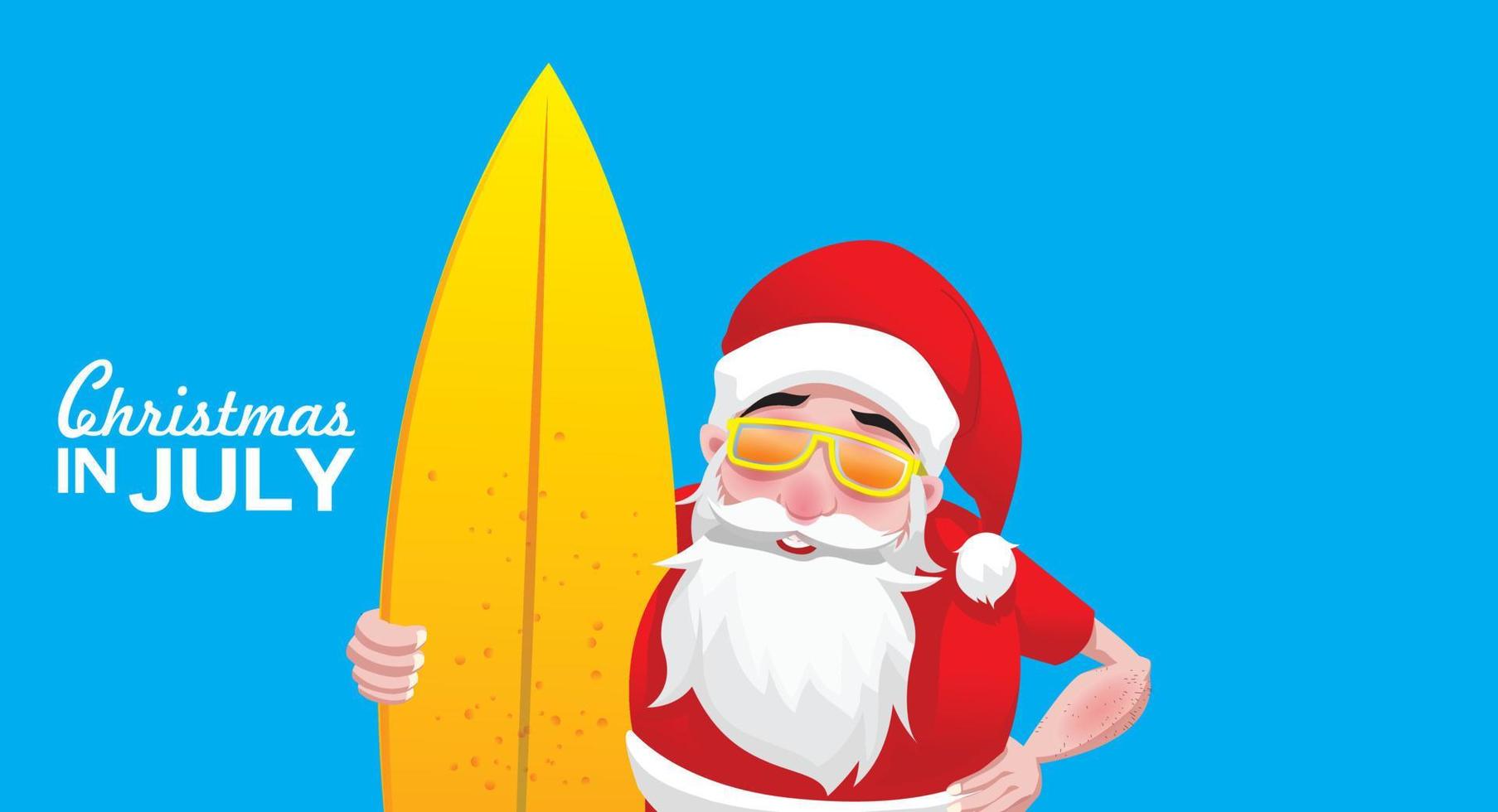 navidad en junio, julio, agosto, para carteles, marketing, publicidad, venta de verano, tarjeta de felicitación. santa en verano con espacio para copiar texto vector