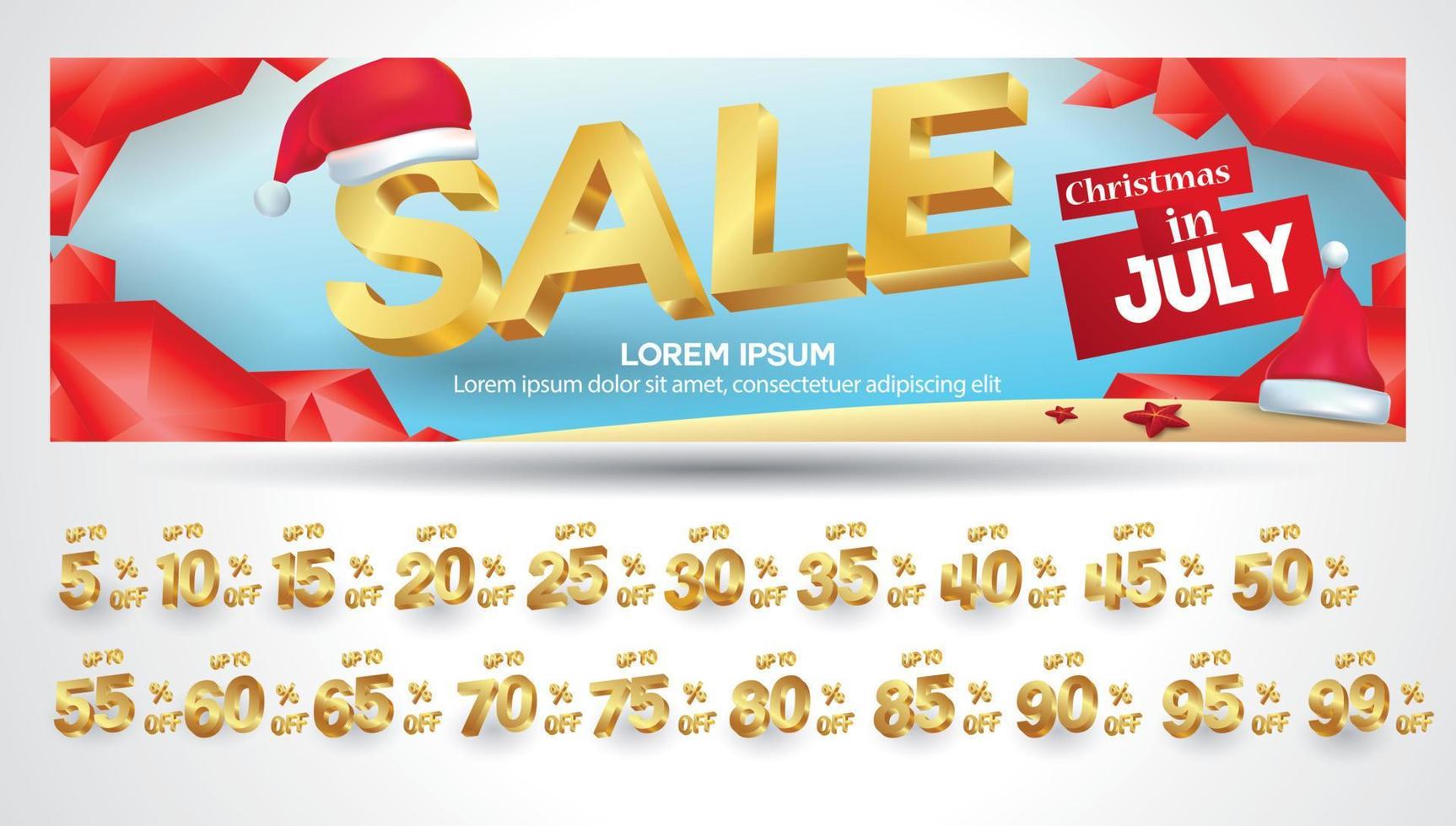 Christmas in july sale tags set vector badges template, 10 off, 20 percent, 30, 40, 50, 60, 70, 45, 35, 15, percent sale label symbols, discount promotion 3 dimension geometric , Promo tag discount