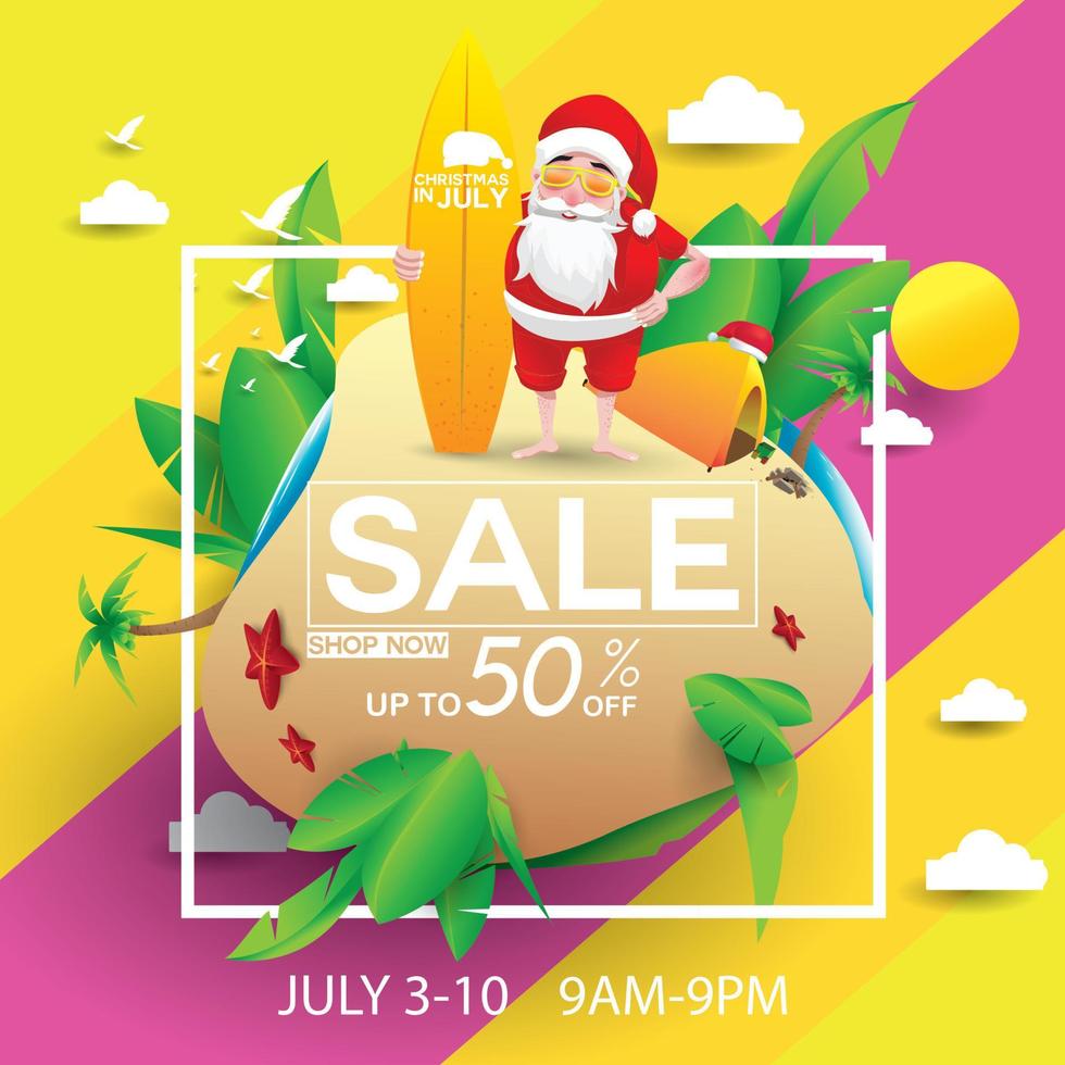 navidad en junio, julio, agosto, para carteles, marketing, publicidad, venta de verano, tarjeta de felicitación. santa en verano con ofertas de descuento de espacio de copia. vector