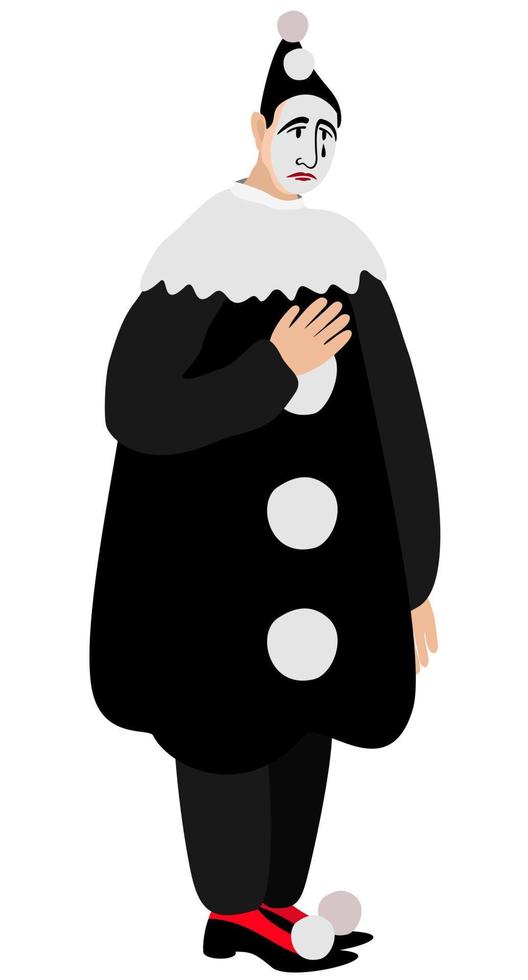 Vector isolated illustration of crying Pierrot in black clothes.