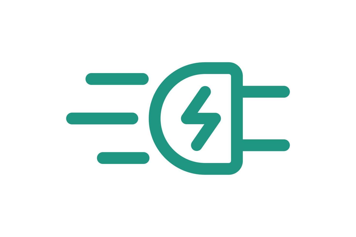 Fast electric charging plug with lightning icon. Quick electrical power charger symbol. Speed electricity charge linear sign. Express energy recharge green badge. Vector isolated eps illustration