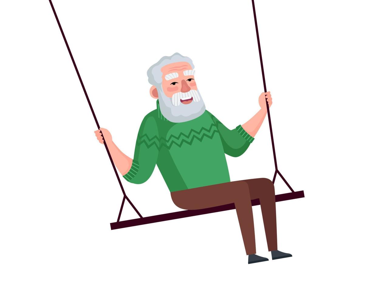 Smiling swinging grandfather. Happy elderly male relaxing and riding on swing. Senior man have fun on children seesaw. Vector old grandpa feeling freedom and happiness eps illustration
