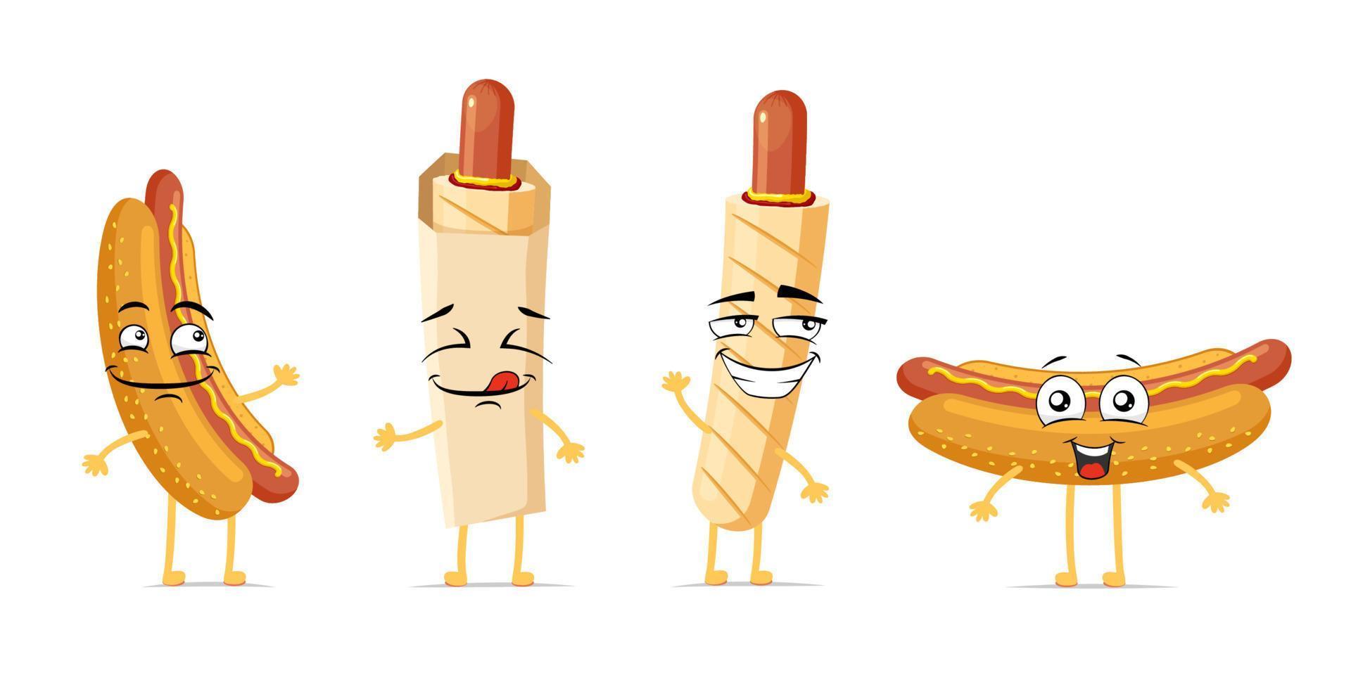 Hot dog funny smiling cartoon character set. Cooked french sausage in bun cute happy face expression mascot collection. Different fast food joyful comic emoticons vector eps illustration