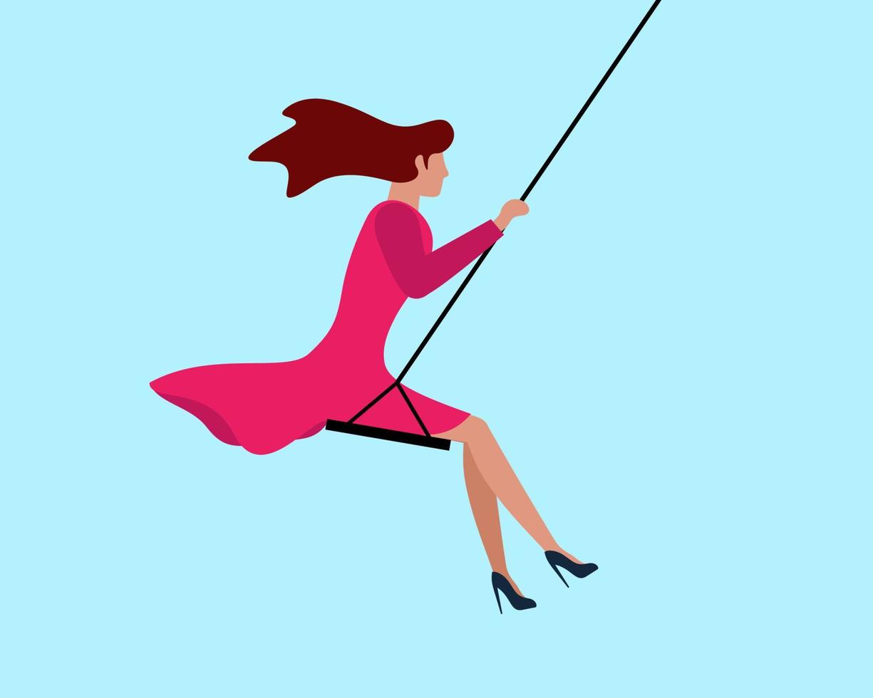 Swinging cute woman in pink dress. Happy beautiful girl relaxing and riding on swing. Female self care and slow life concept. Take break vector eps illustration