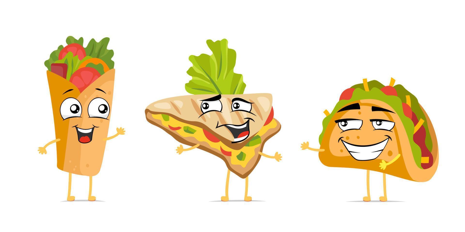 Mexican food funny cartoon character set. Mexico cuisine cute happy face emoticons mascot collection. Smiling latin american burrito. Vector joyful quesadilla. Comic expression tacos eps illustration