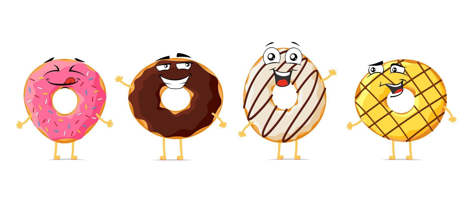 Donut funny smiling cartoon character set. Colorful doughnut cute happy face mascot collection. Vector sweet pastry joyful comic emoticons eps illustration