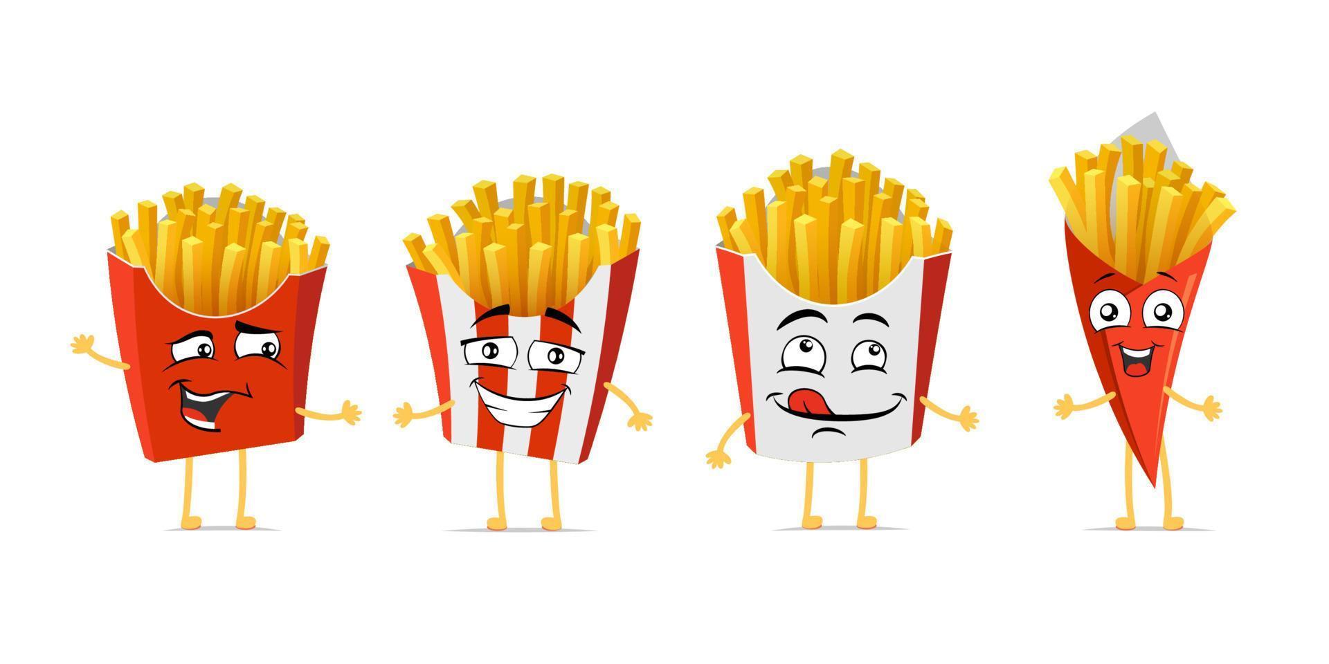 French fries funny smiling cartoon character set. Roasted potatoes cute happy face expression mascot collection. Different fast food packages joyful comic emoticons vector eps illustration