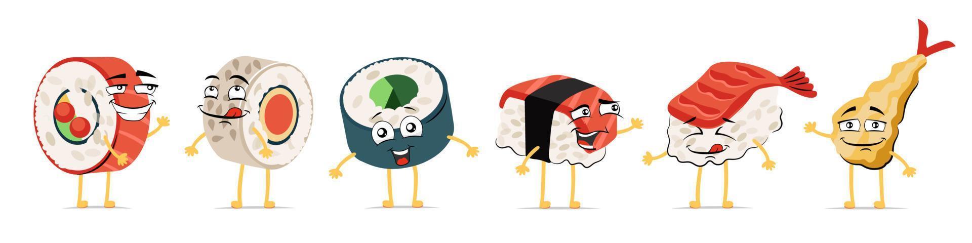 conjunto de caracteres sonrientes de dibujos animados divertidos de comida japonesa. sushi y rollos de cocina japonesa linda colección de mascotas con expresión de cara feliz. tempura alegre de mariscos asiáticos. vector comic emoticonos eps ilustración