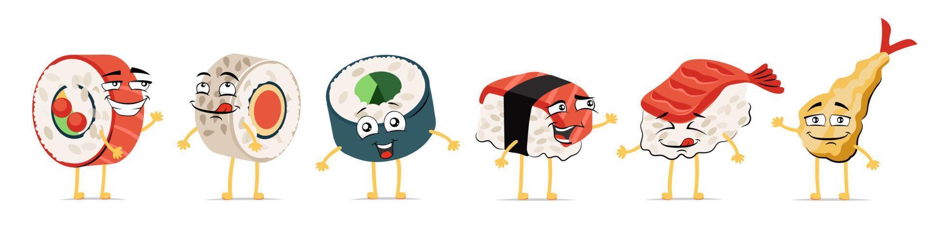 Japanese food funny cartoon smiling character set. Japan cuisine sushi and rolls cute happy face expression mascot collection. Asian seafood joyful tempura. Vector comic emoticons eps illustration