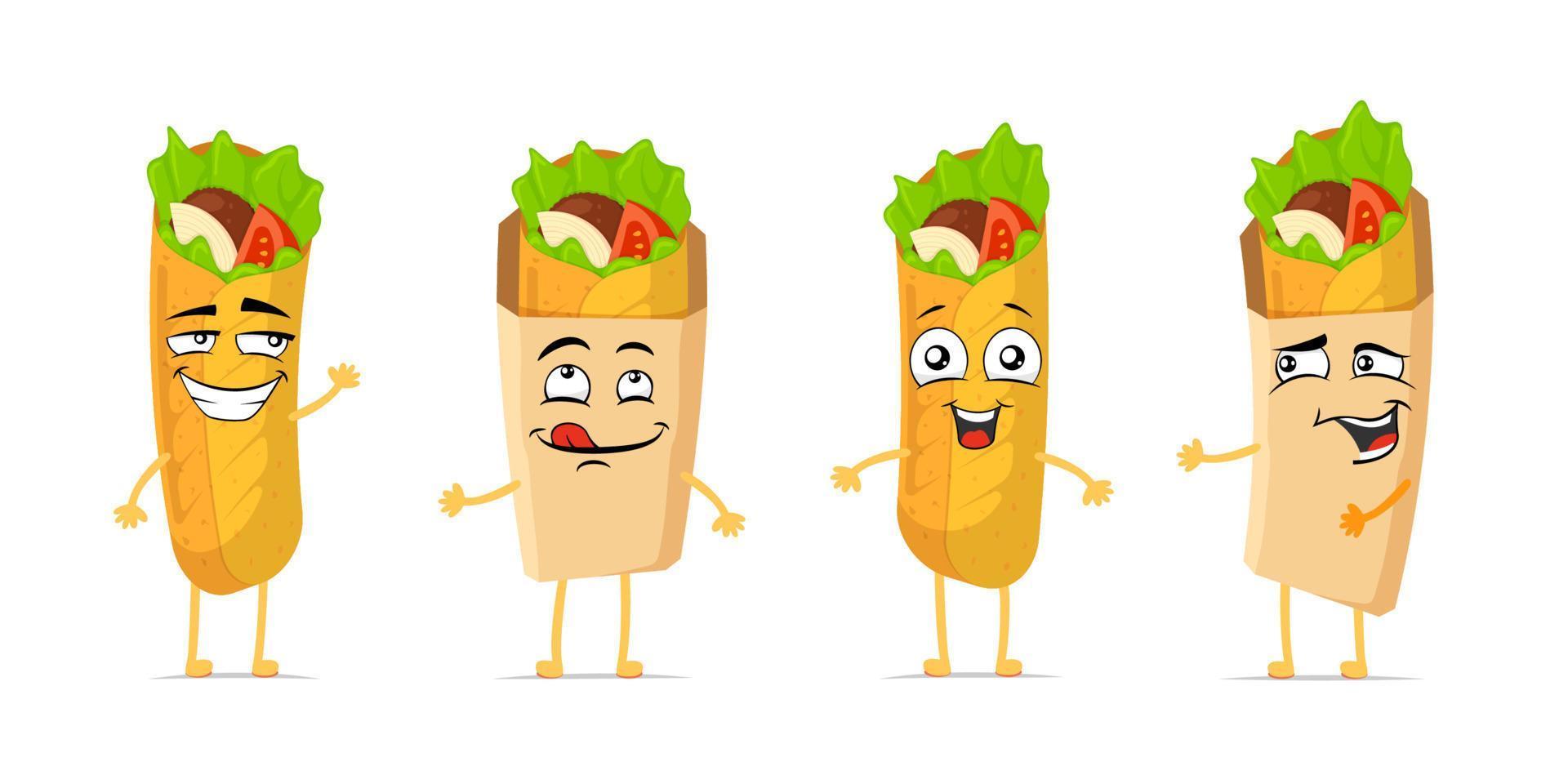 Shawarma funny smiling cartoon character set. Doner kebab cute happy face expression mascot collection. Different burrito fast food joyful comic emoticons vector eps illustration