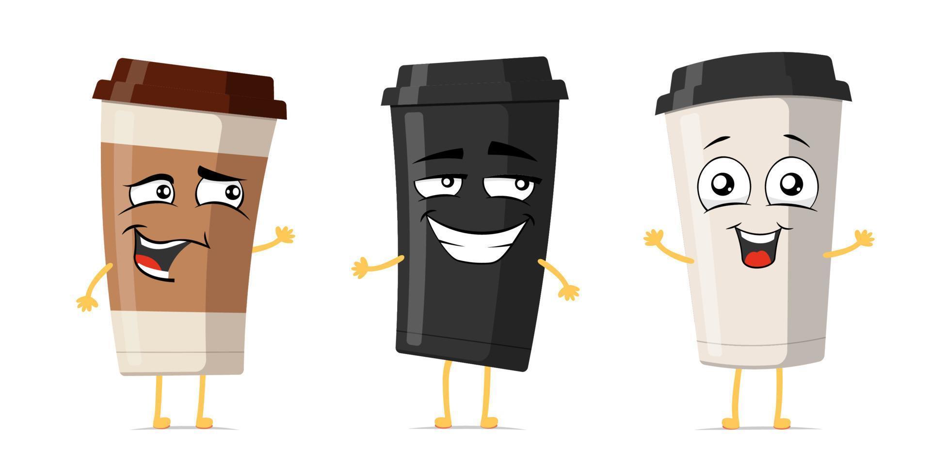 Disposable coffee cup funny smiling cartoon character set. Take away drink  cute happy face expression mascot collection. Different beverage mugs  joyful comic emoticons vector eps illustration 7932117 Vector Art at  Vecteezy