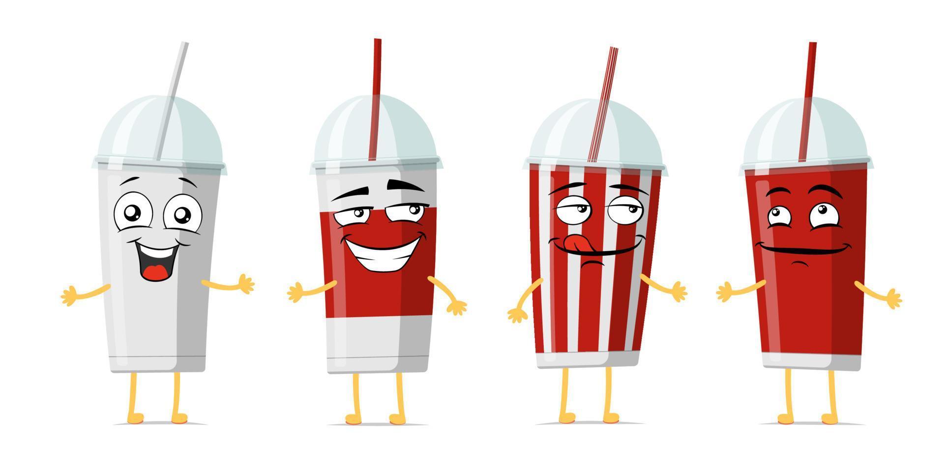 taza de refresco desechable con pajita divertido juego de personajes de dibujos animados sonrientes. taza de bebidas linda colección de mascotas de cara feliz. ilustración de eps de emoticonos de soda y cóctel de vector