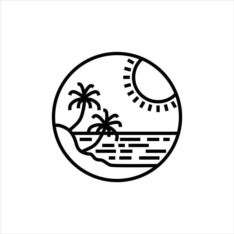 puesta de sol de diseño de logotipo en la isla de playa tropical. diseño moderno de arte de línea de isla tropical. vector