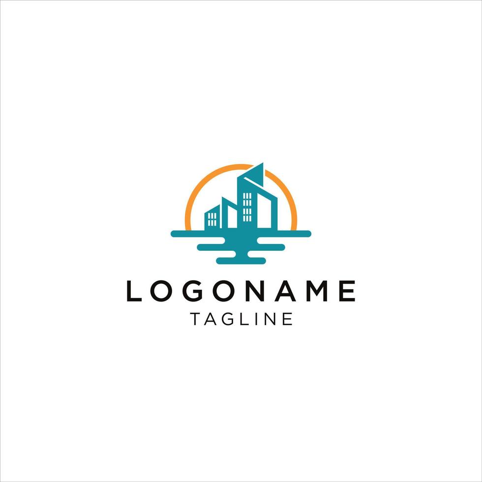 Vector template of sunset city and beach scenery logo.