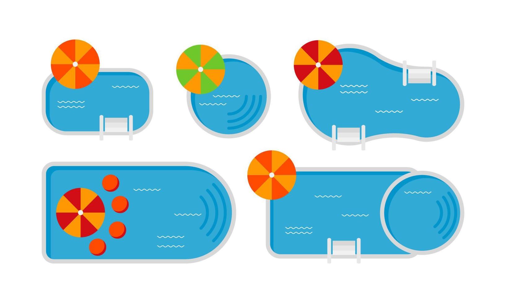 Set of colorful swimming pools isolated on white. Vector illustration