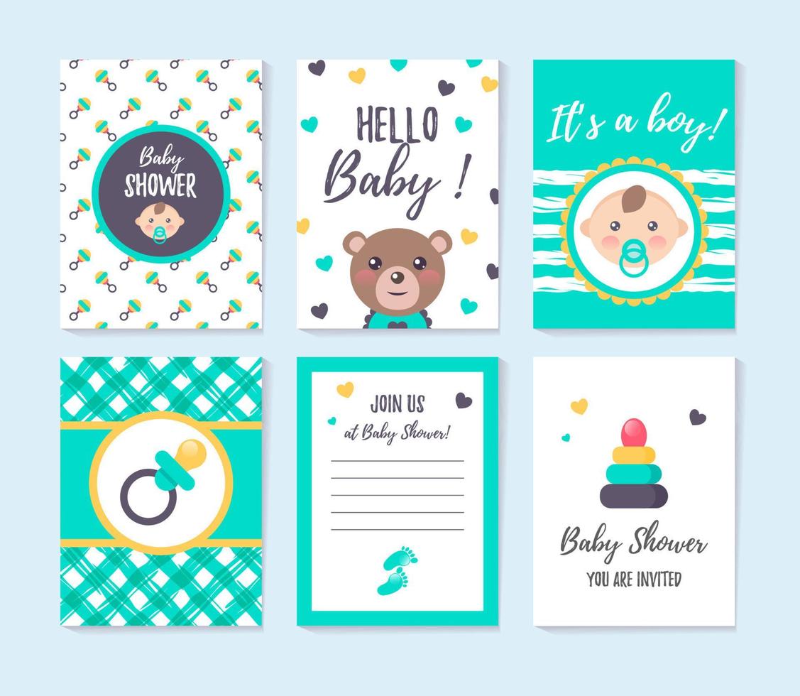 Set of vertical greeting cards and invitation for boy baby shower. Place for text vector