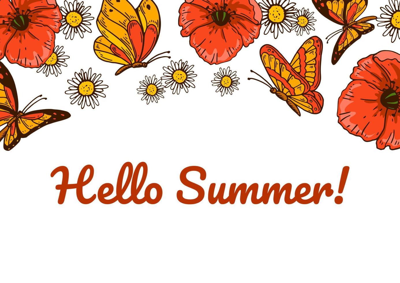 Cute botany designs with poppies and butterflies. Colorful hand drawn vector illustration. Summer background