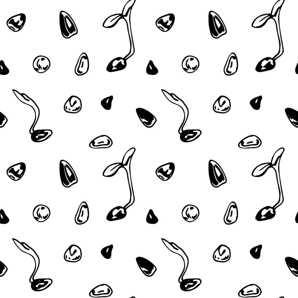Hand drawn micro greens sprouts and seeds seamless pattern. Vector illustration in sketch style isolated on white background
