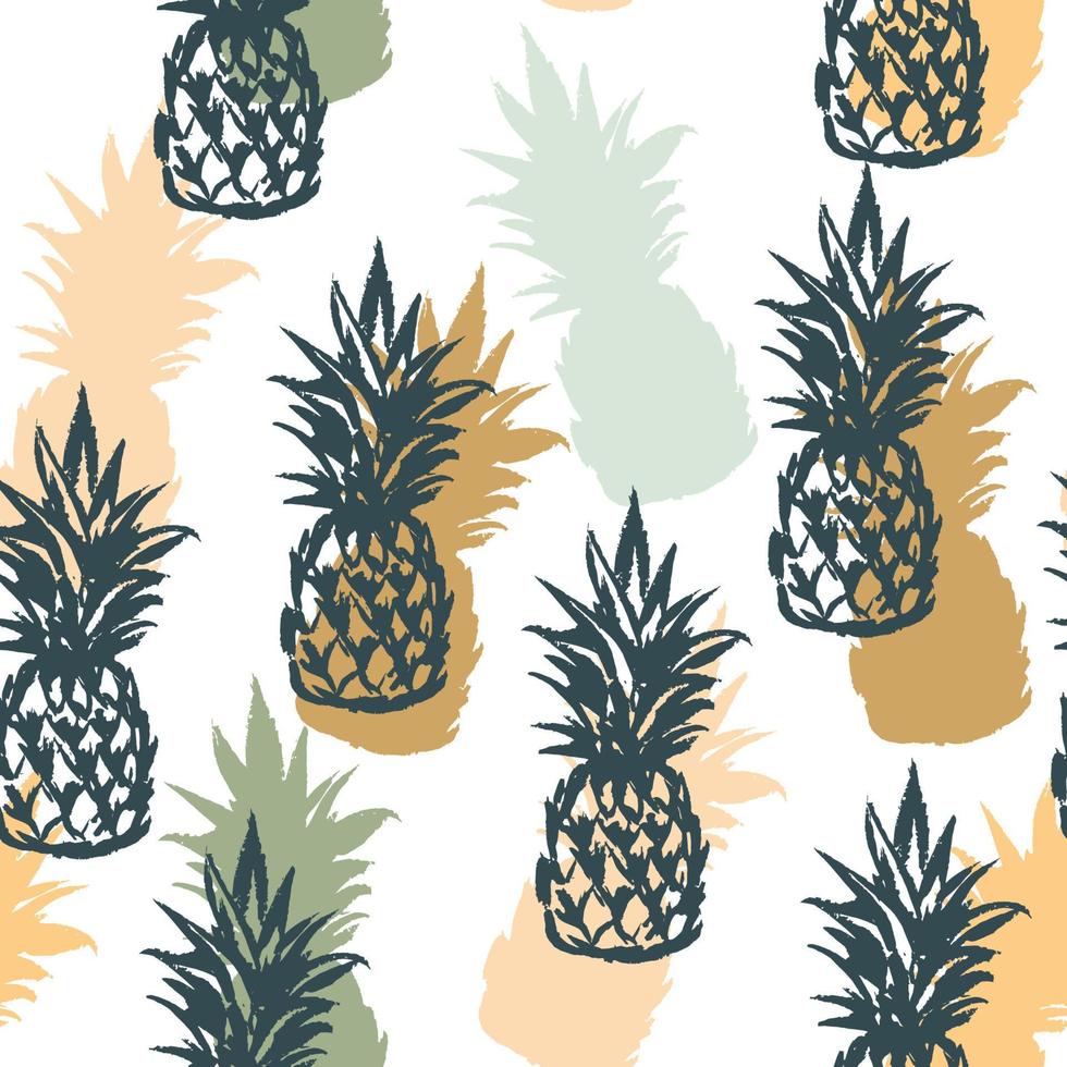 Tropical pineapple colorful seamless pattern. Summer design with hand drawn sketch elements. Vector illustration in pastel colors.