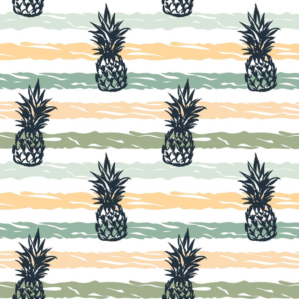 Tropical striped pineapple colorful seamless pattern. Summer design with hand drawn sketch elements. Vector illustration in pastel colors.