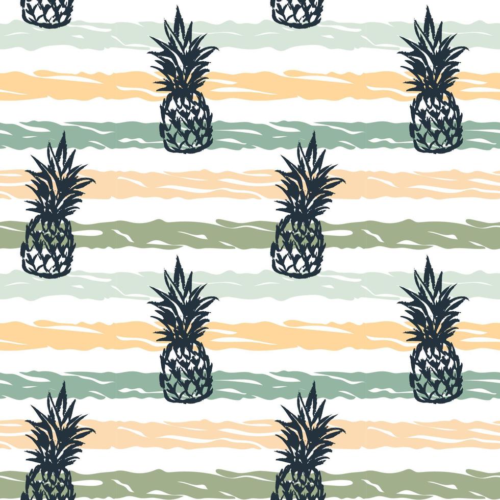 Tropical striped pineapple colorful seamless pattern. Summer design with hand drawn sketch elements. Vector illustration in pastel colors.