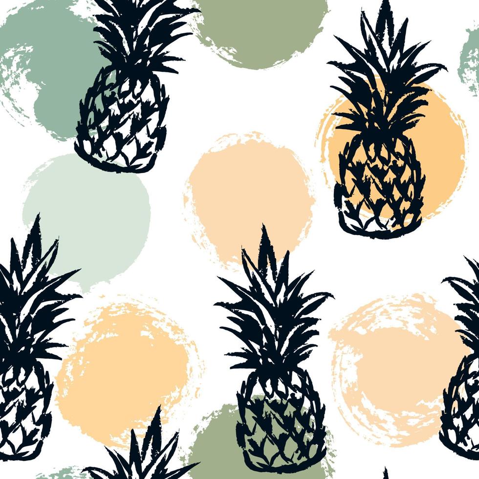 patrón transparente de colores de piña tropical con salpicaduras de pintura. diseño de verano con elementos de boceto dibujados a mano. ilustración vectorial en colores pastel. vector