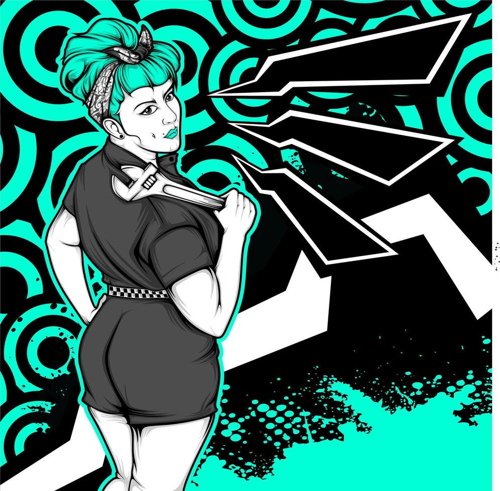 chica de garaje con ilustración de moda rockabilly con fondo impresionante vector