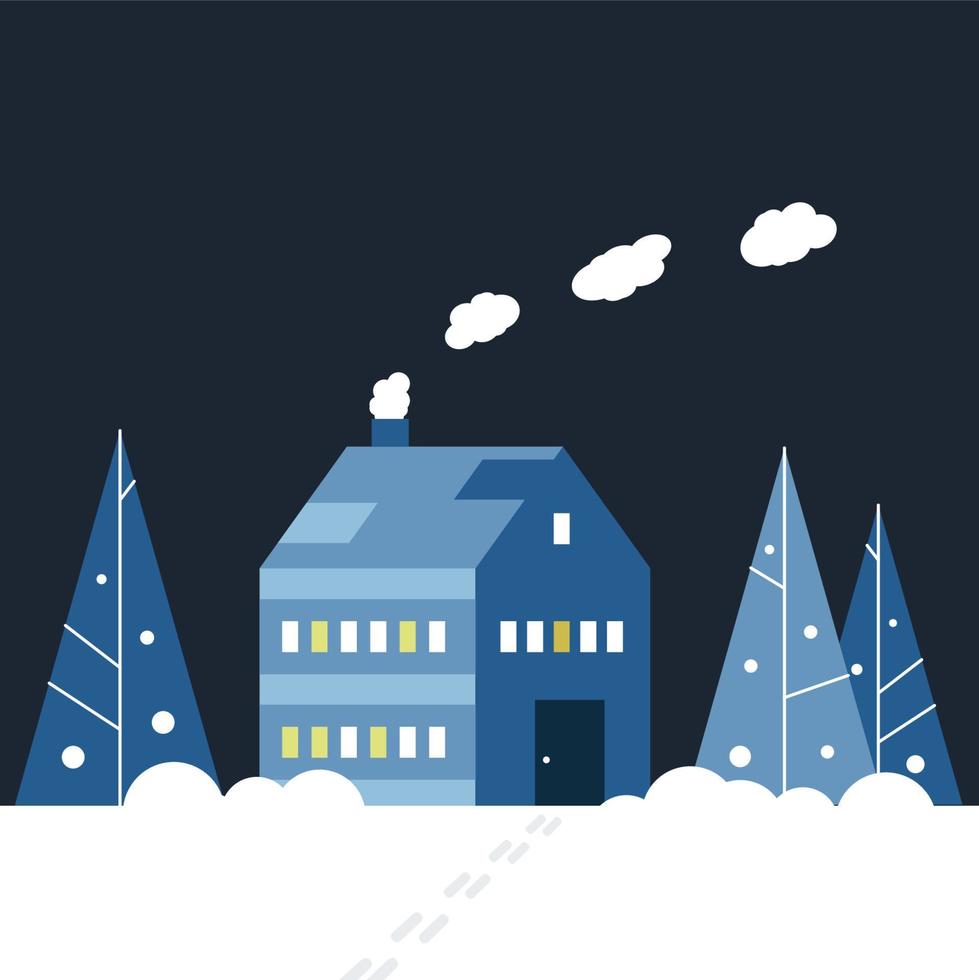 An illustration of a blue winter house in forest with light in windows vector