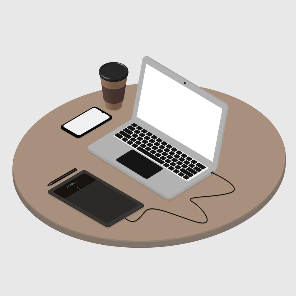 Isometric illustration of laptop, cup of coffee, tablet with pen and phone vector