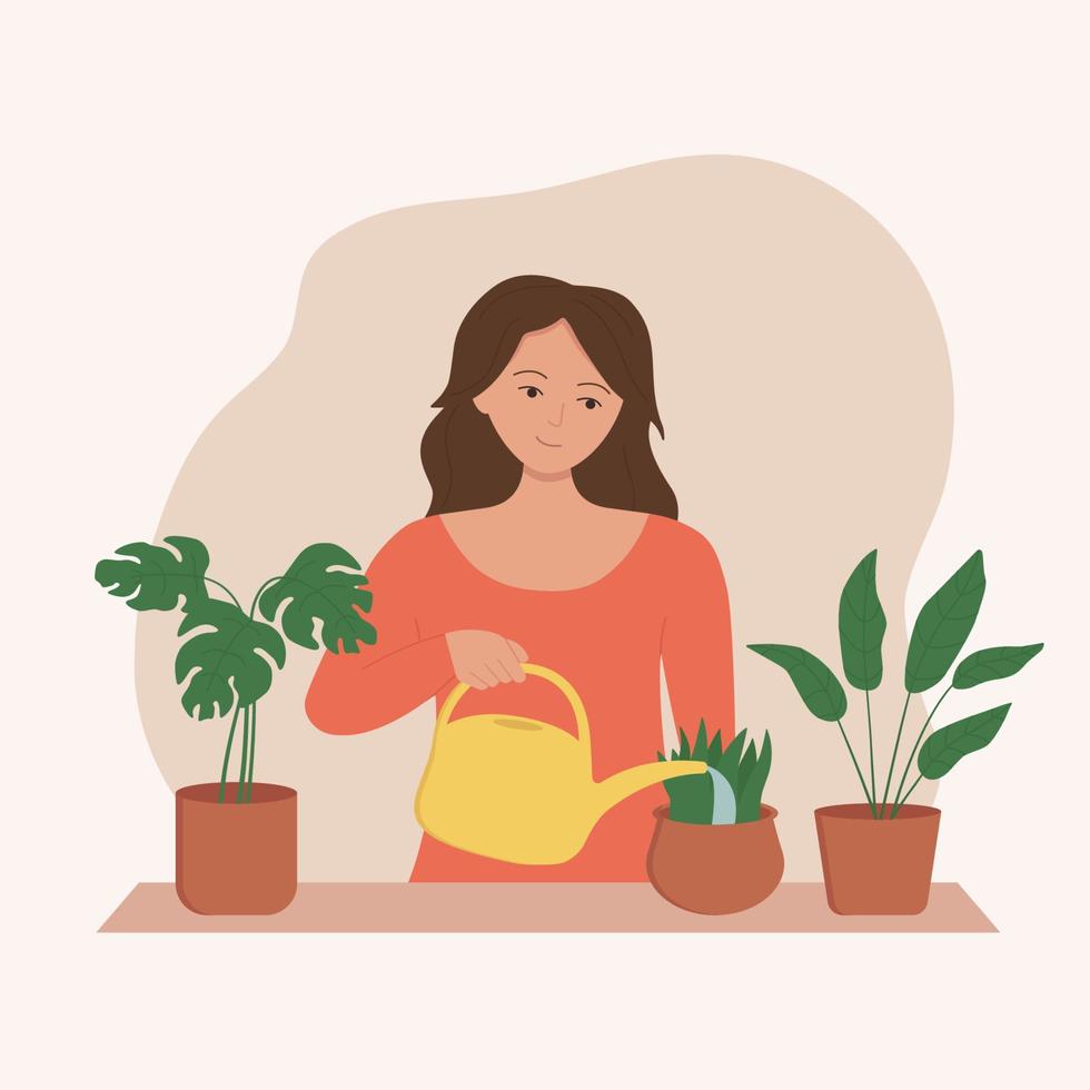 Woman watering indoor plants from a watering can. Happy female character caring and growing houseplants at home. Vector illustration
