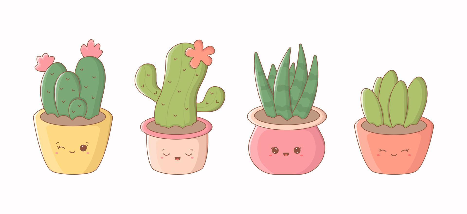 Set of cute cactuses, potted plants with funny faces. Collection of colourful cacti, house plants in kawaii style. Vector illustration isolated on white background