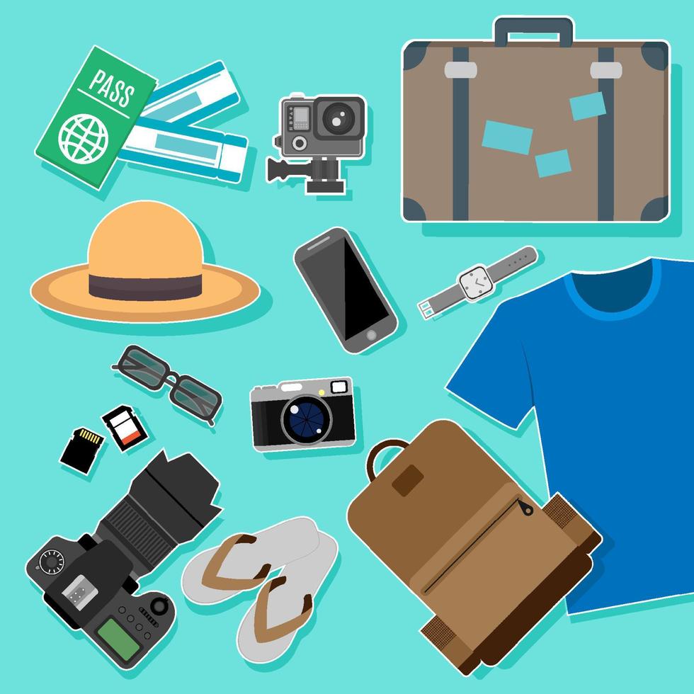 Travel baggage. Flat design for holiday vacation concept with passport, camera, sun glasses, vintage camera, ticket, action camera, luggage, shirt, backpack, sandal, hat, phone, watch, memory card vector