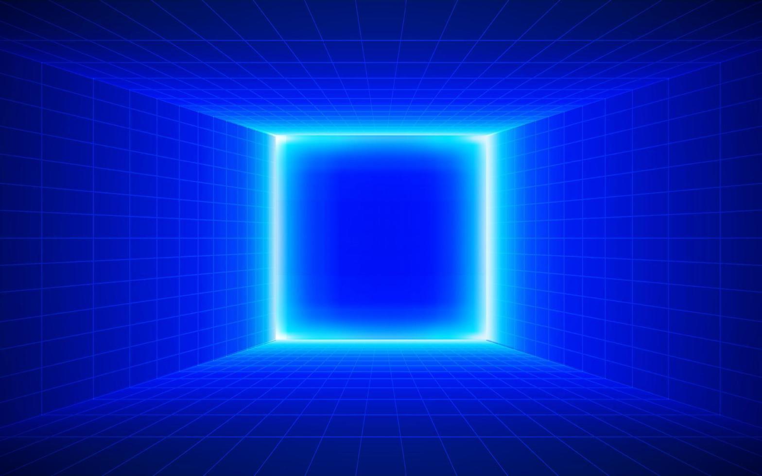 Futuristic technological square grid background. Digital futurist cyber space design, cyberpunk tech, Portal to virtual reality, science fiction matrix, science light perspective wallpaper, template vector