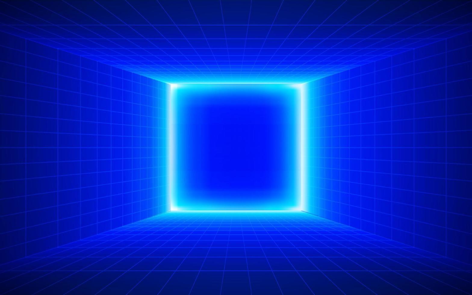 Futuristic technological square grid background. Digital futurist cyber space design, cyberpunk tech, Portal to virtual reality, science fiction matrix, science light perspective wallpaper, template vector