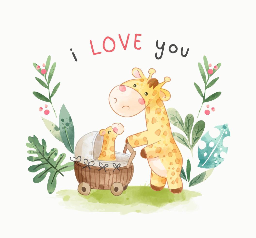 te amo eslogan con linda ilustración de jirafa de padre e hijo vector