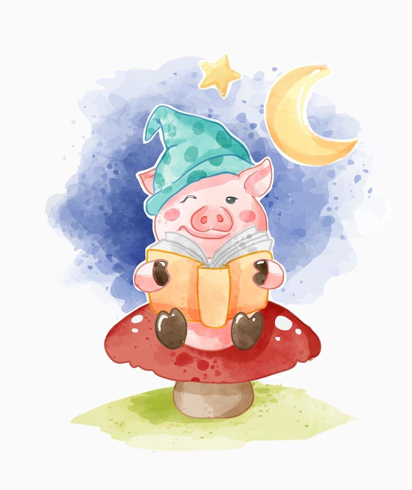 cute pig reading a book on mushroom cartoon illustration vector